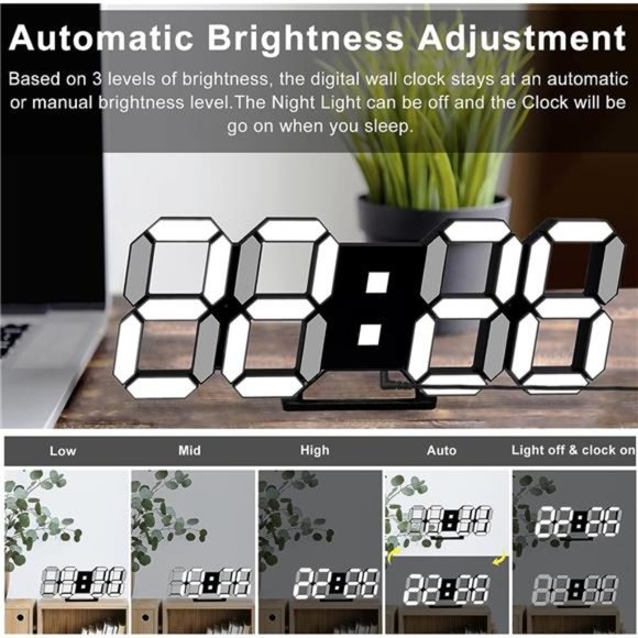 LED Digital Clock 3D Modern Clocks Wall/Desk 9.7'' Large Display Remote Alarm - Picture 4 of 6